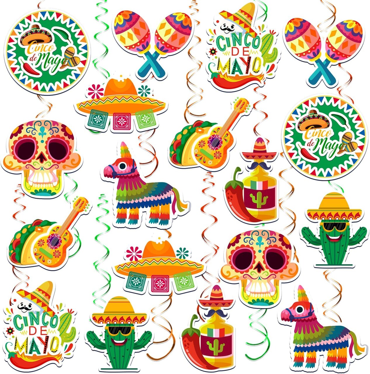 36PCS Cinco De Mayo Hanging Swirl Decorations – Mexican Fiesta Party Swirls with Double-Sided Cutouts in Vibrant Colors for Party Ceiling & Room Decor